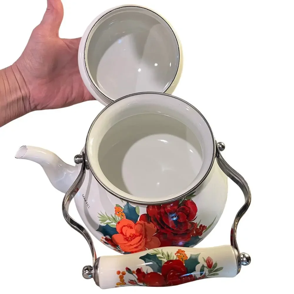 The Pioneer Woman Cheerful Rose Enamel on Steel 1.9 Quart Tea Kettle